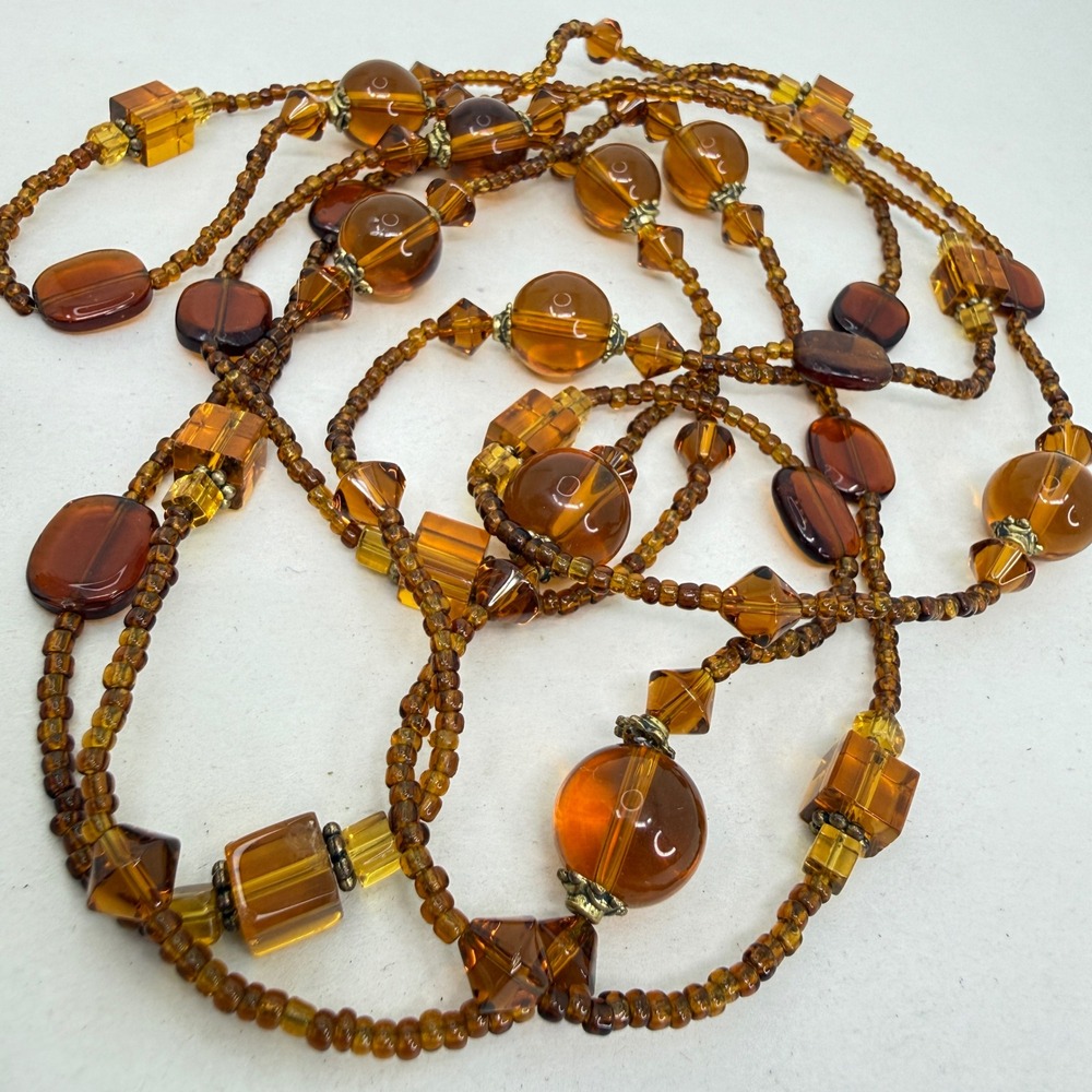 Long Amber Toned Beaded Necklace Geometric Glass Honey Cognac Brown Flapper 72in